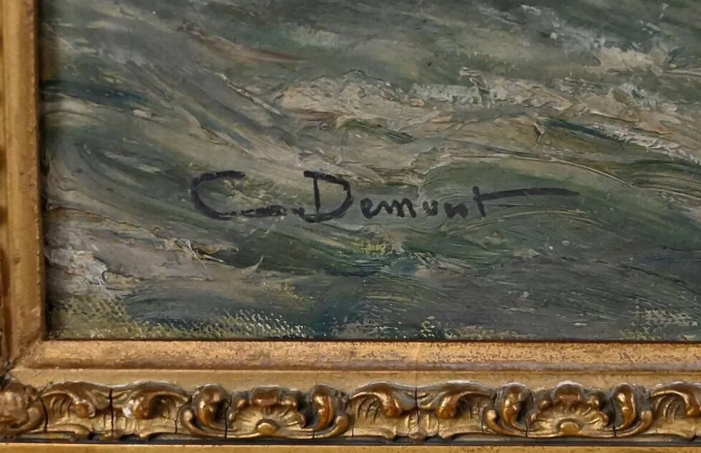 Tableau « Entrée du port par mer agitée », huile sur toile, signé C. Demont – début XXe