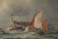 Tableau « Entrée du port par mer agitée », huile sur toile, signé C. Demont – début XXe