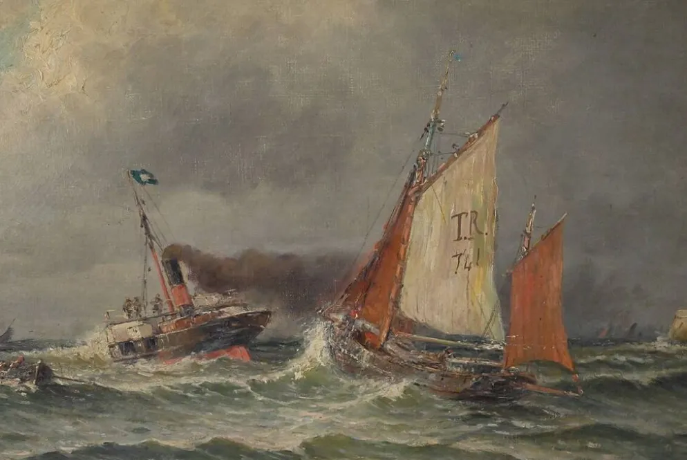 Tableau « Entrée du port par mer agitée », huile sur toile, signé C. Demont – début XXe