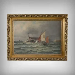 Tableau « Entrée du port par mer agitée », huile sur toile, signé C. Demont – début XXe