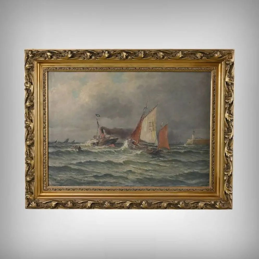 Tableau « Entrée du port par mer agitée », huile sur toile, signé C. Demont – début XXe