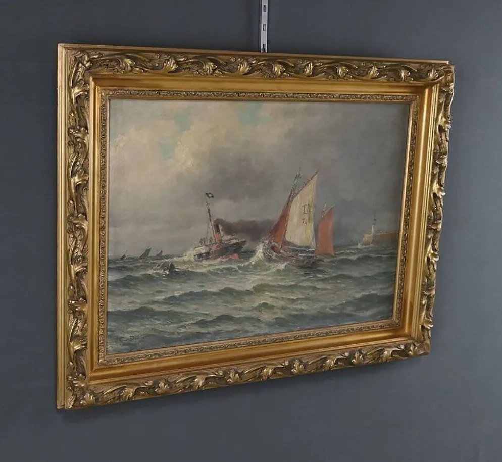 Tableau « Entrée du port par mer agitée », huile sur toile, signé C. Demont – début XXe