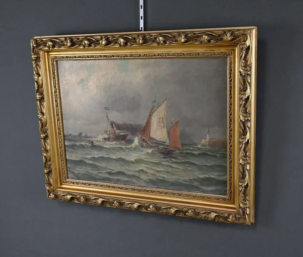 Tableau « Entrée du port par mer agitée », huile sur toile, signé C. Demont – début XXe