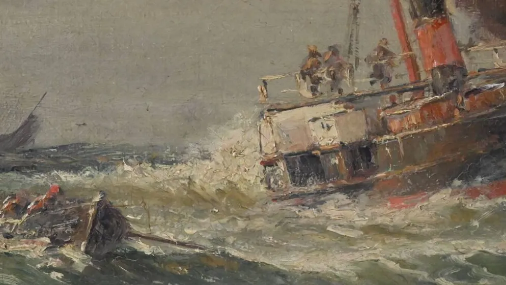 Tableau « Entrée du port par mer agitée », huile sur toile, signé C. Demont – début XXe