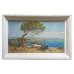 Tableau HSP "Marine méditerranéene" barque et pêcheur signé Dorges