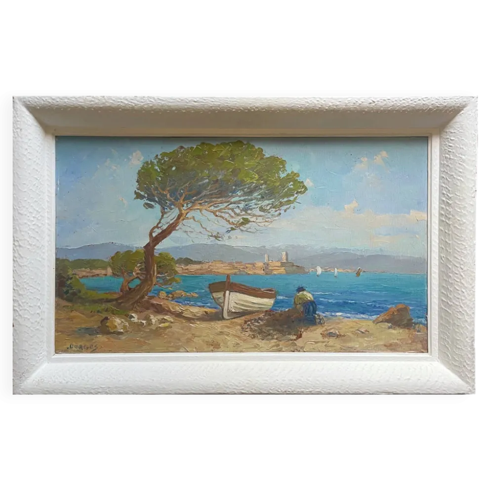 Tableau HSP "Marine méditerranéene" barque et pêcheur signé Dorges
