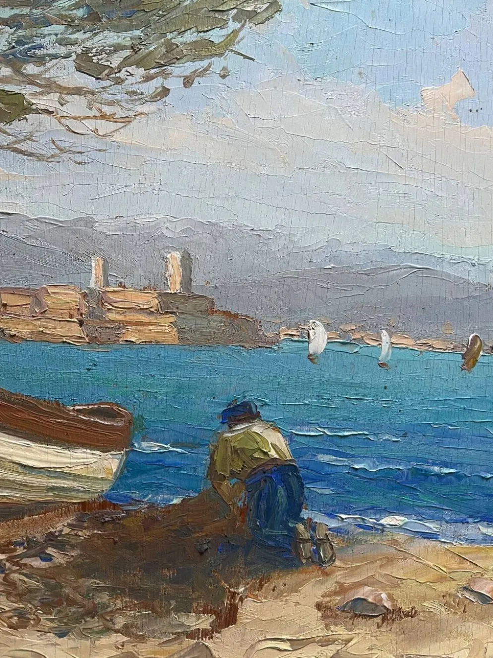 Tableau HSP "Marine méditerranéene" barque et pêcheur signé Dorges