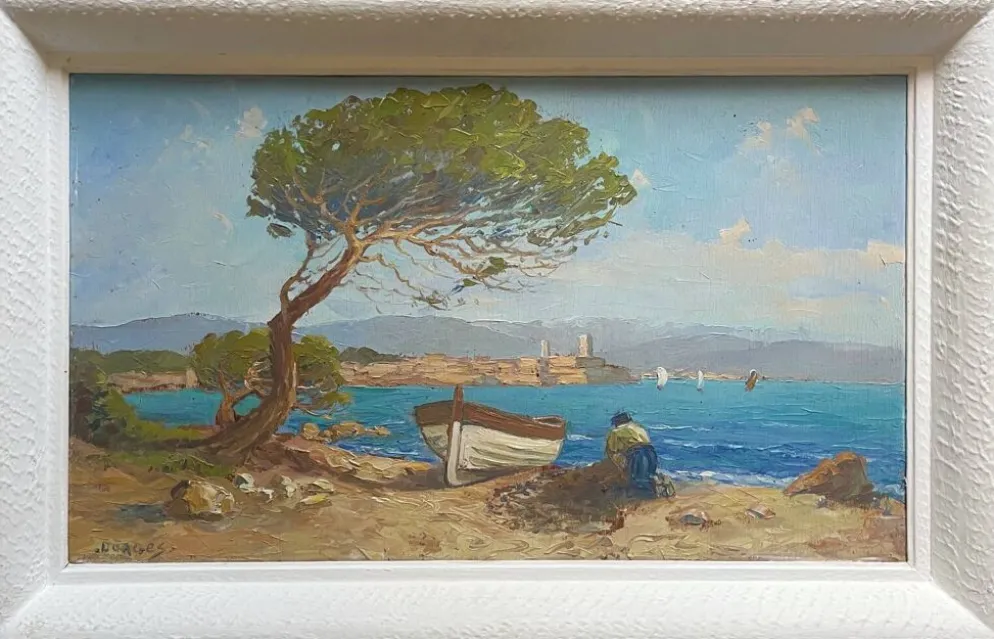 Tableau HSP "Marine méditerranéene" barque et pêcheur signé Dorges