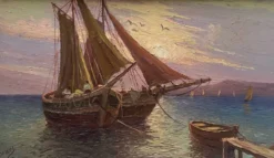 Tableau HSP "Marine méditerranéene" voiliers au port signé Dorges