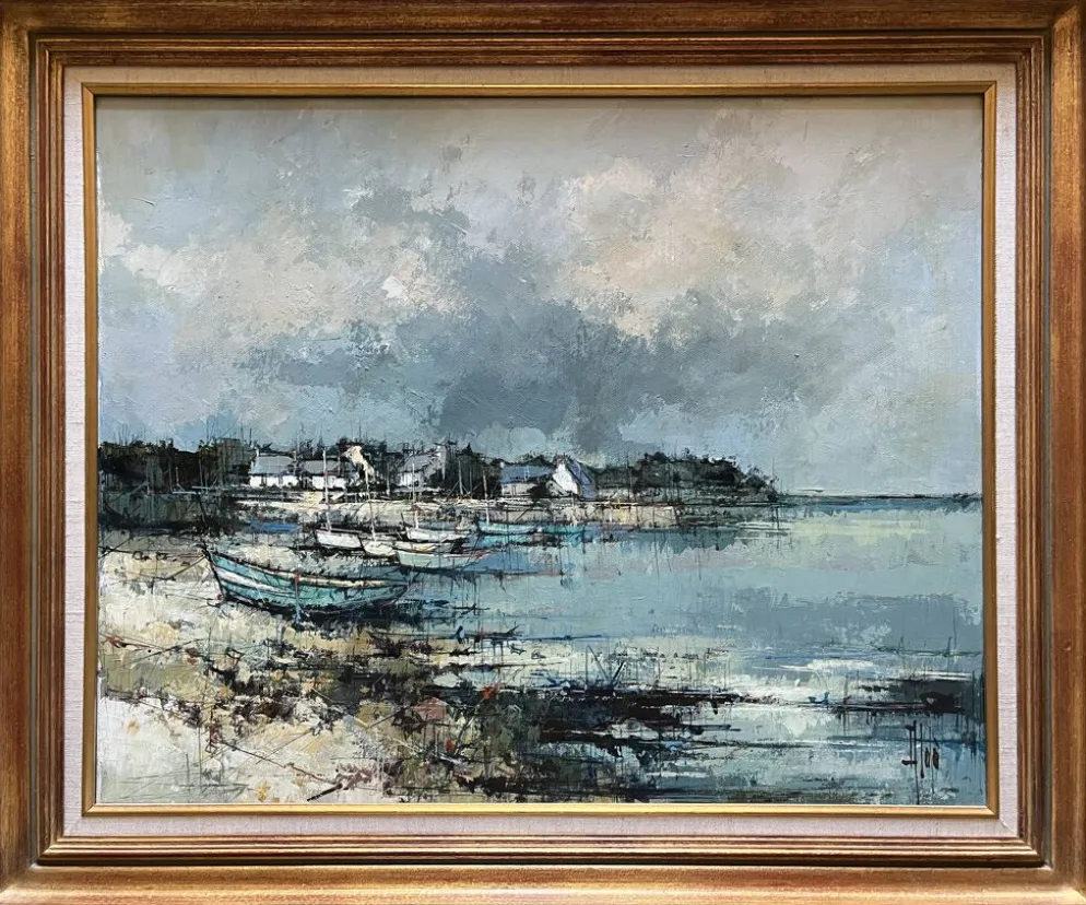 Tableau HST "Port en Bretagne" Marine signé éc. XX° siècle + cadre