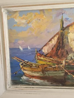 Tableau Huile sur Isorel Marine Voiliers pêcheurs signé Fortuné Car (1905 -