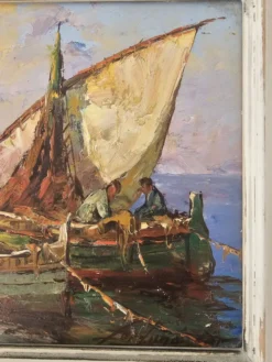 Tableau Huile sur Isorel Marine Voiliers pêcheurs signé Fortuné Car (1905 -