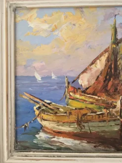 Tableau Huile sur Isorel Marine Voiliers pêcheurs signé Fortuné Car (1905 -