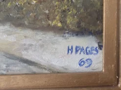 Tableau Huile sur Isorel - Paysage de campagne vallonné Signé H Pages 1969