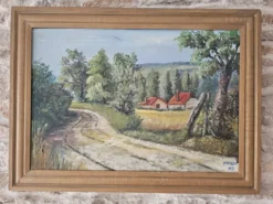 Tableau Huile sur Isorel - Paysage de campagne vallonné Signé H Pages 1969