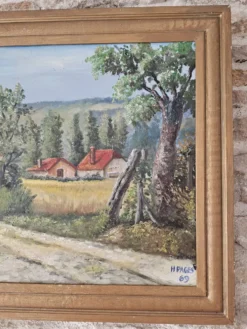 Tableau Huile sur Isorel - Paysage de campagne vallonné Signé H Pages 1969