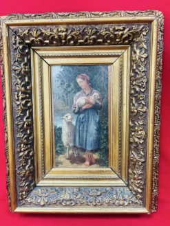 Tableau huile sur panneau bergère agneaux d’après J.B. Hofner X