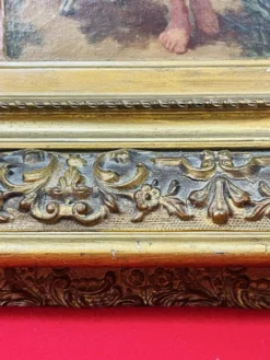 Tableau huile sur panneau bergère agneaux d’après J.B. Hofner X