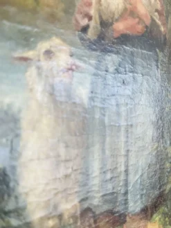 Tableau huile sur panneau bergère agneaux d’après J.B. Hofner X