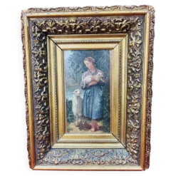 Tableau huile sur panneau bergère agneaux d’après J.B. Hofner X