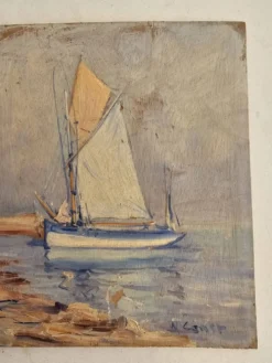 Tableau huile sur panneau voiliers près du rivage signé marcel canet