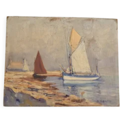 Tableau huile sur panneau voiliers près du rivage signé marcel canet