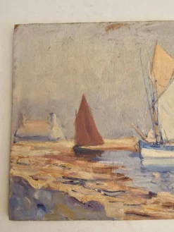 Tableau huile sur panneau voiliers près du rivage signé marcel canet