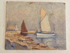 Tableau huile sur panneau voiliers près du rivage signé marcel canet
