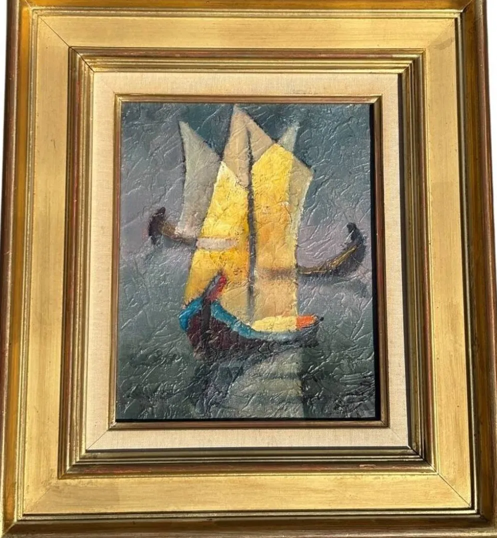 Tableau huile sur toile de Louis Toffoli Titré les flotteurs au dos