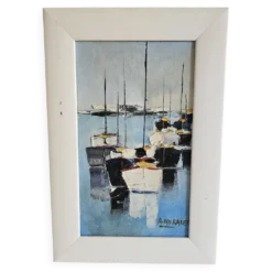 Tableau Huile sur Toile Paysage Marine Voiliers au mouillage Signé Morales