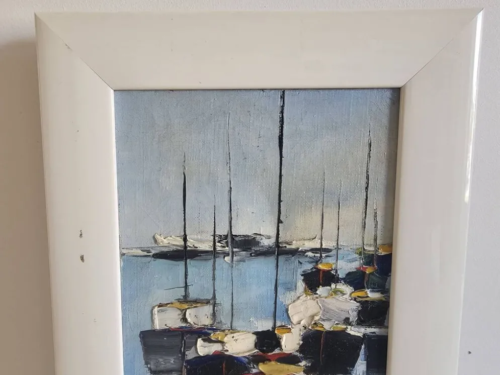 Tableau Huile sur Toile Paysage Marine Voiliers au mouillage Signé Morales