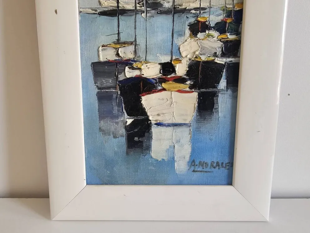 Tableau Huile sur Toile Paysage Marine Voiliers au mouillage Signé Morales