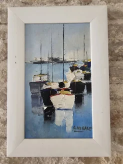 Tableau Huile sur Toile Paysage Marine Voiliers au mouillage Signé Morales