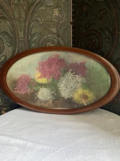 Tableau nature morte aux dahlias, huile sur toile, format ovale – époque 1900