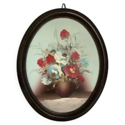 Tableau ovale bouquet de fleurs huile sur panneau