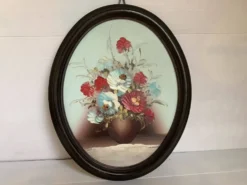 Tableau ovale bouquet de fleurs huile sur panneau