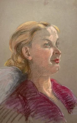 Tableau Pastel "femme au chemisier rouge" vers 1950