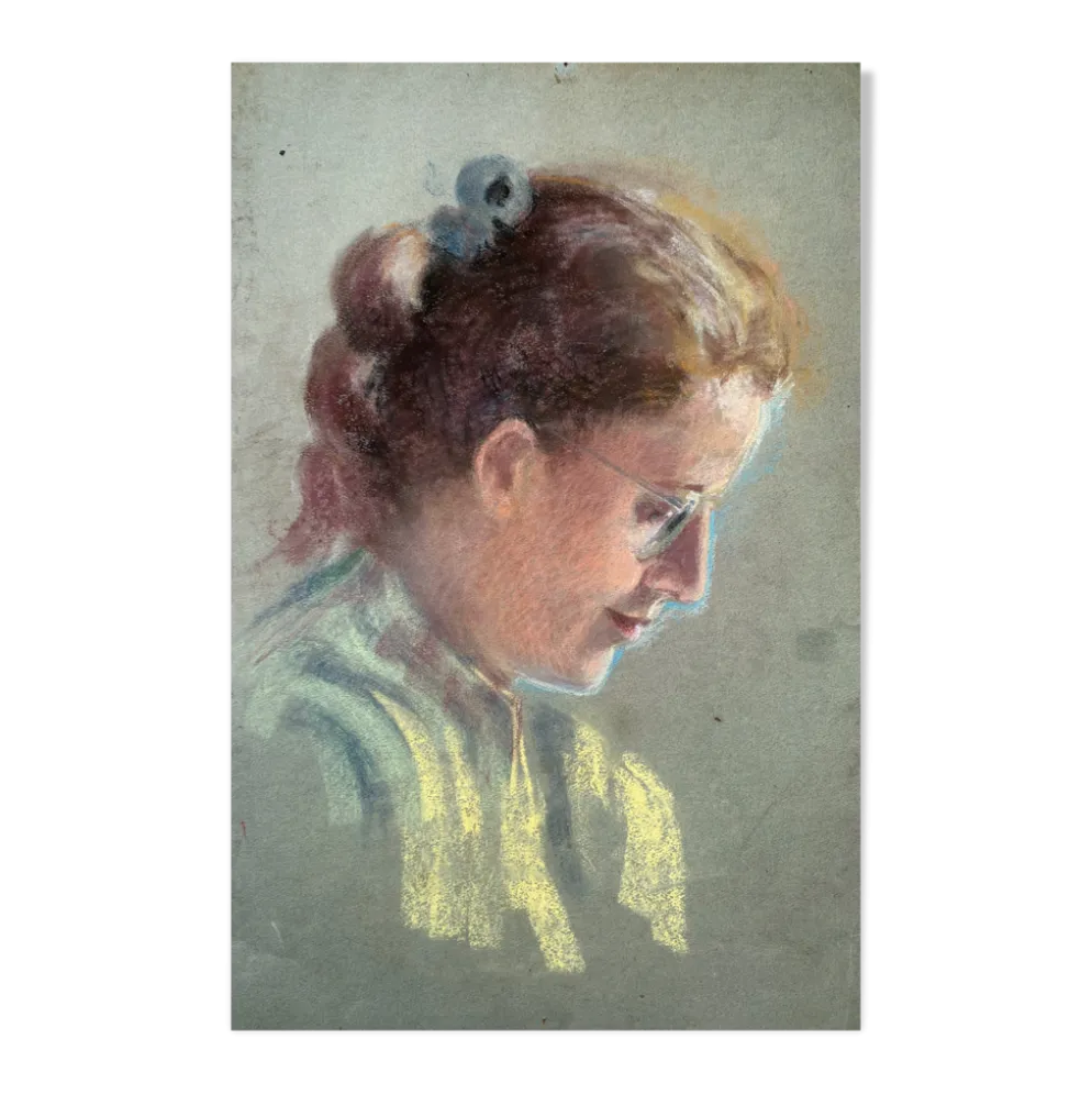 Tableau Pastel "femme au ruban à la lecture" vers 1950