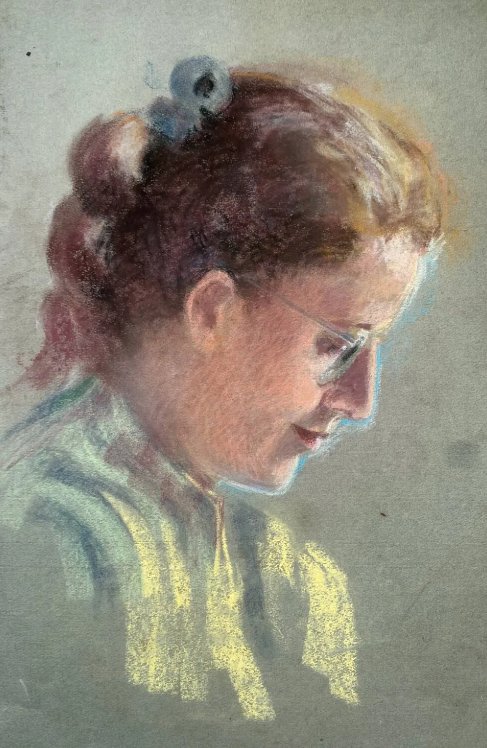Tableau Pastel "femme au ruban à la lecture" vers 1950