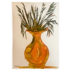 Tableau signé, nature morte « jarre provençale ornée de plantes »