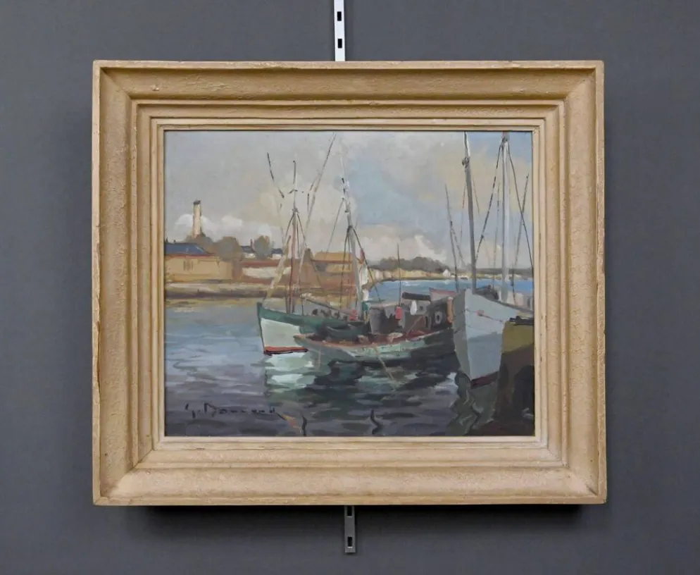 Tableau « Thoniers à Quai », huile sur panneau, signé G. Boulard – Milieu XXe
