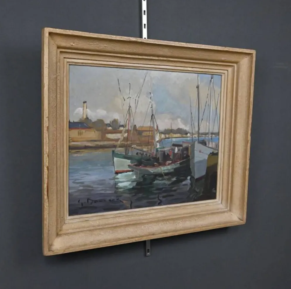 Tableau « Thoniers à Quai », huile sur panneau, signé G. Boulard – Milieu XXe