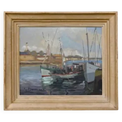 Tableau « Thoniers à Quai », huile sur panneau, signé G. Boulard – Milieu XXe