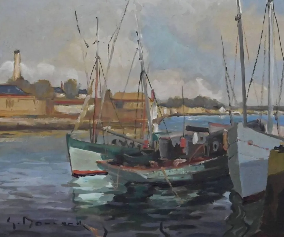Tableau « Thoniers à Quai », huile sur panneau, signé G. Boulard – Milieu XXe