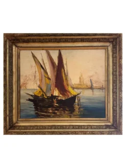 Tableau très ancien d'un port de Méditerranée