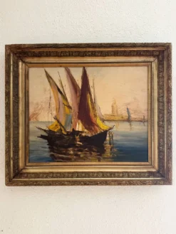 Tableau très ancien d'un port de Méditerranée