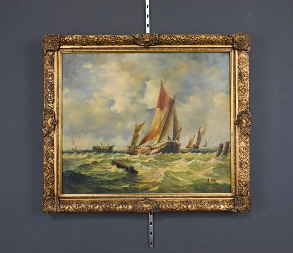 Tableau « Voiliers en mer agitée » signé Albert Hess – Milieu XXe