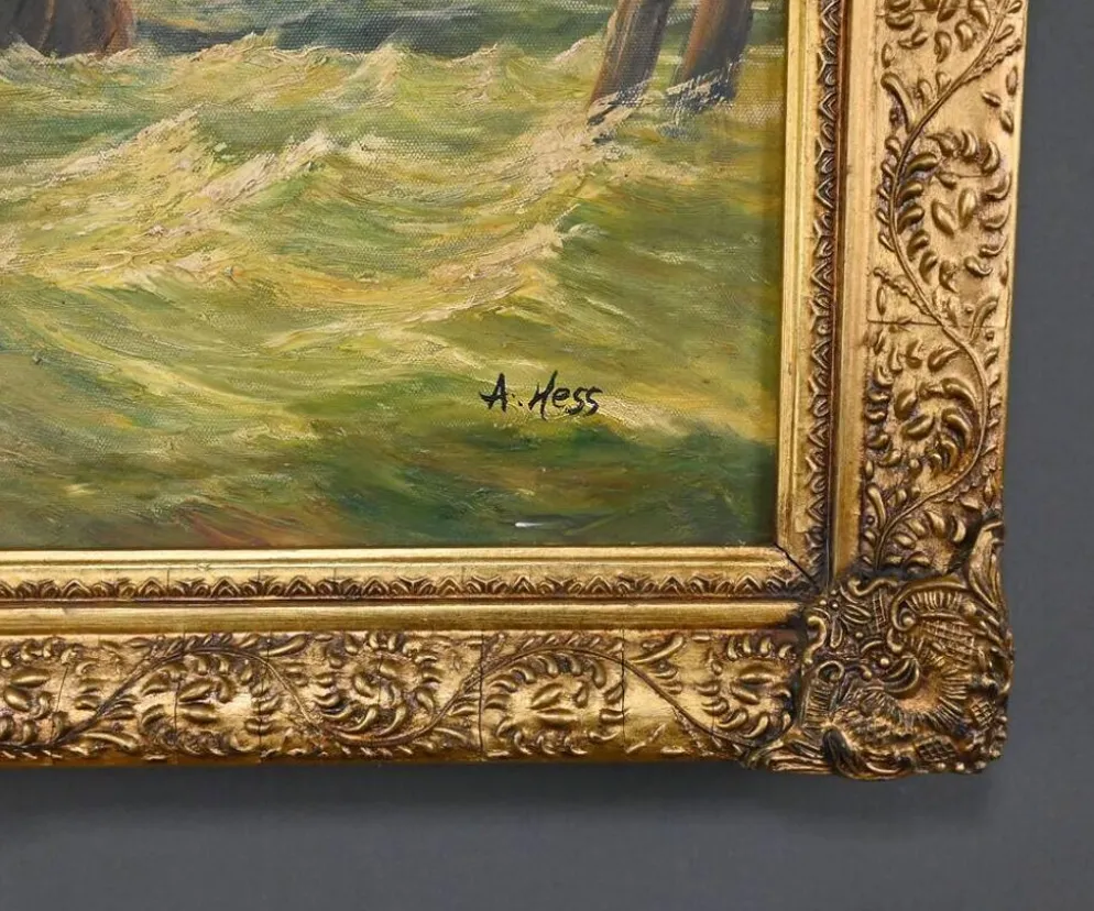 Tableau « Voiliers en mer agitée » signé Albert Hess – Milieu XXe