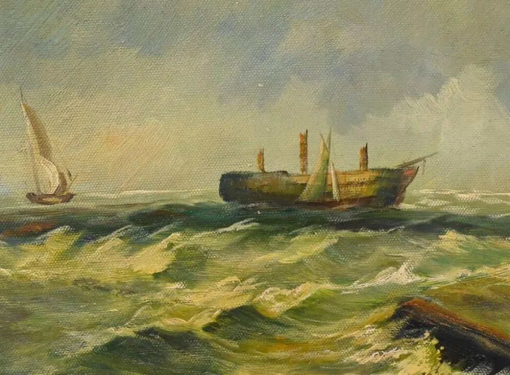 Tableau « Voiliers en mer agitée » signé Albert Hess – Milieu XXe
