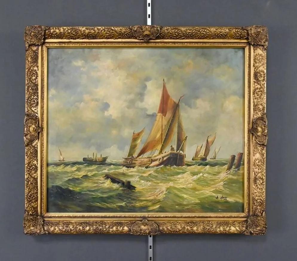 Tableau « Voiliers en mer agitée » signé Albert Hess – Milieu XXe